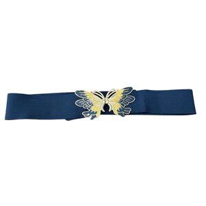 Vintage Womens Elastic Navy Belt With Gold & Enamel Butterfly Buckle Statement